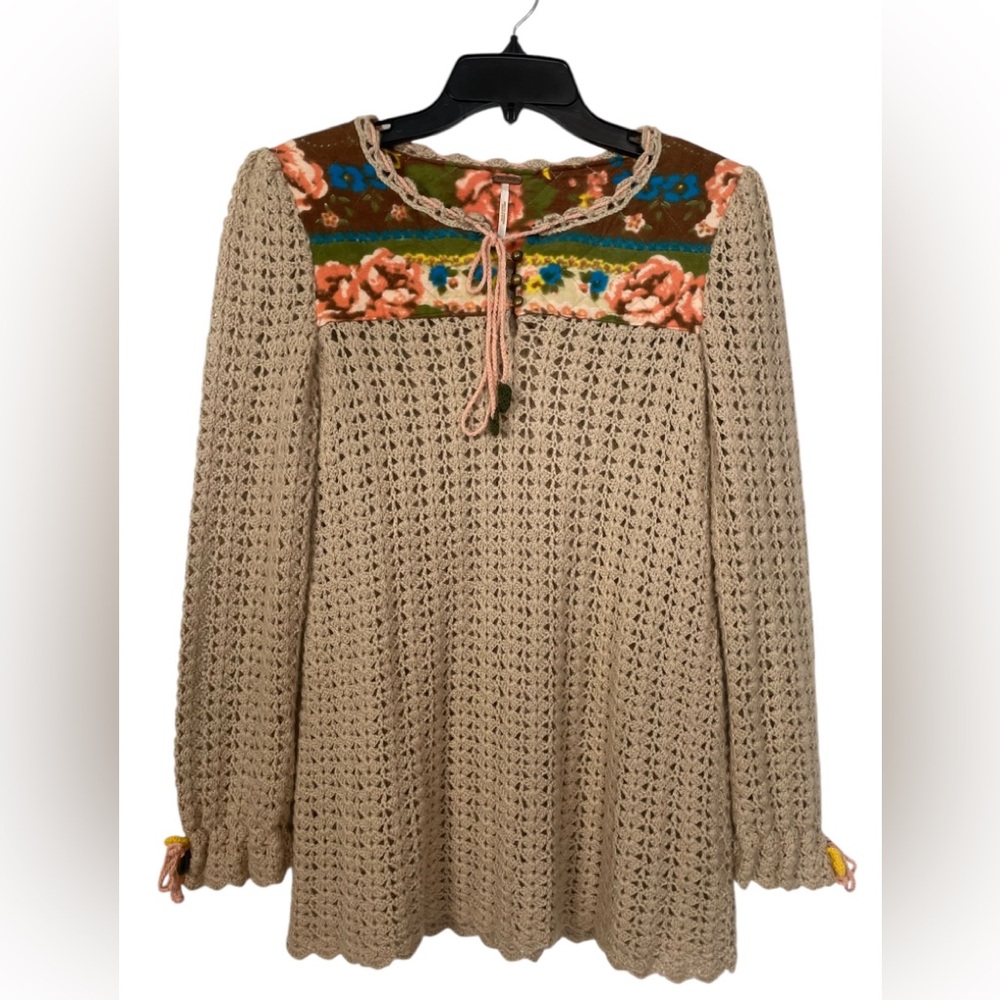 Free People Crochet Open Knit Sweater Cottagecore Boho Wool Blend Size Medium